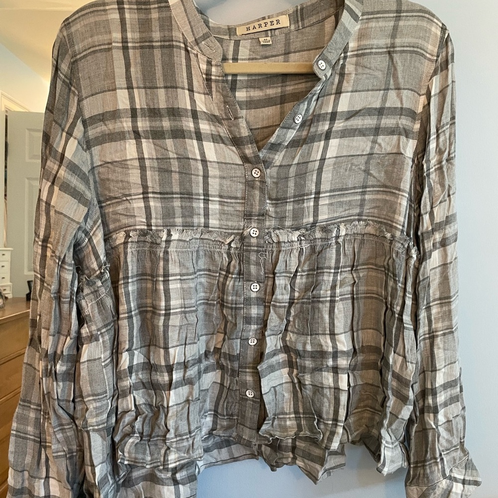 Harper Plaid Blouse - Gray and White